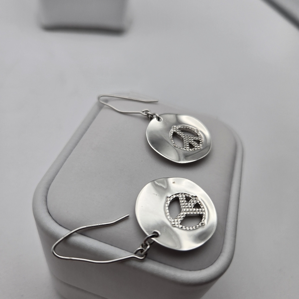 Circle of Peace Sign Symbol Earrings Sterling Silver Dandle Round - Picture 8 of 9